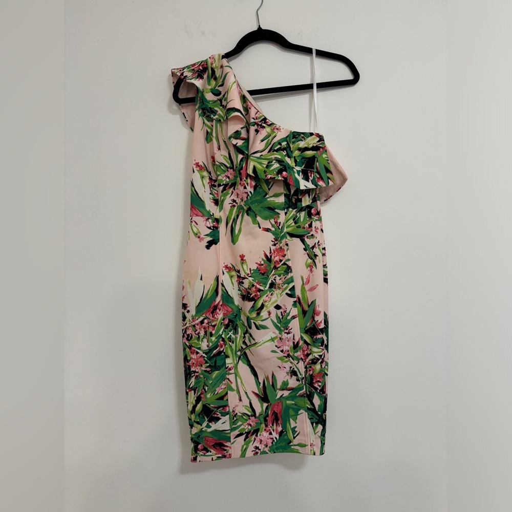 Tommy Hilfiger womenโs one shoulder, pink and green dress